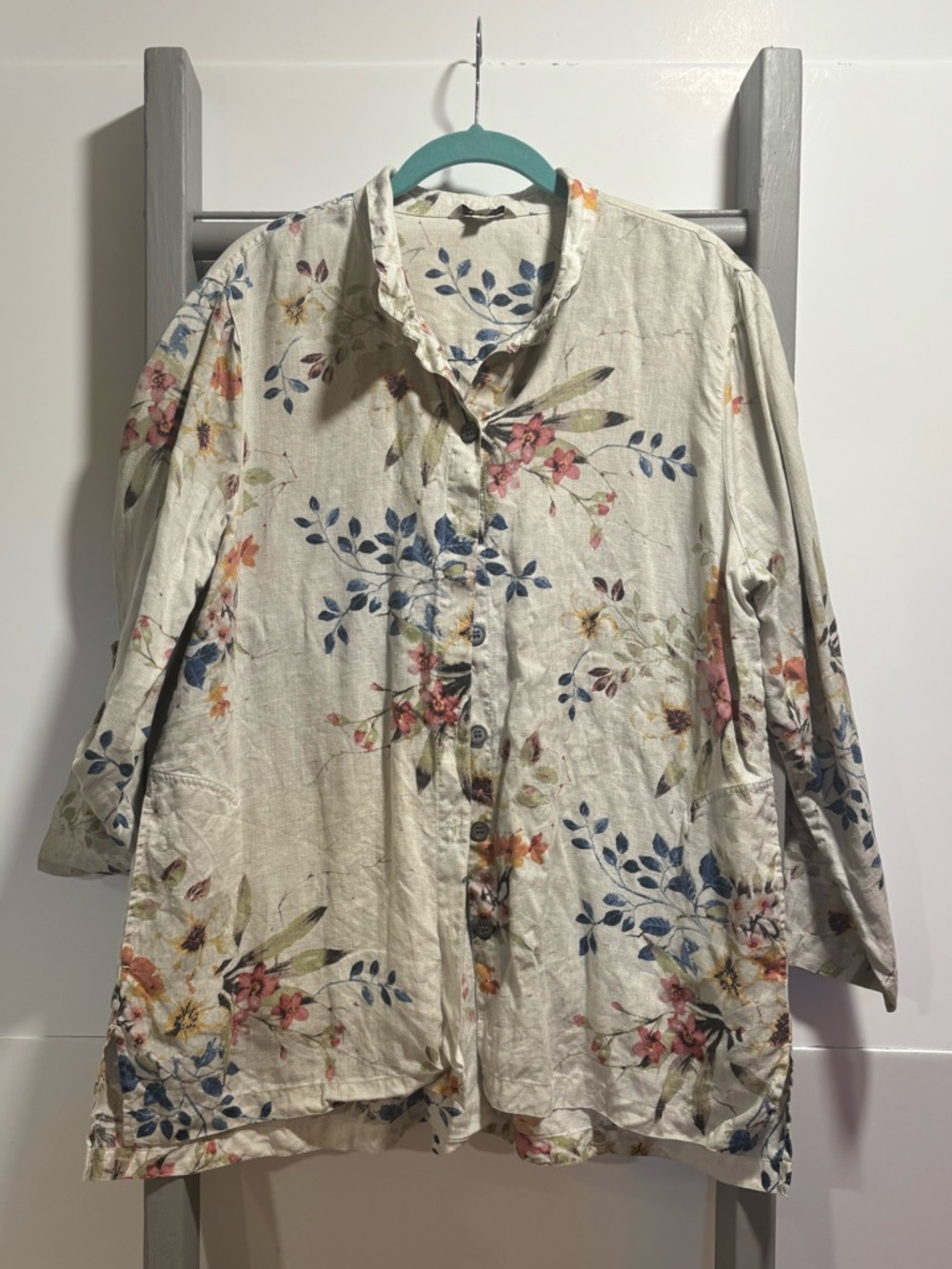 John Mark Sz L linen shirt, boutique, natural, bohemian, artsy, costal grandma